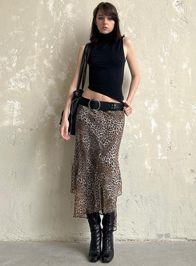 SWEETOWN雅痞姐姐#复古豹纹印花不规则半裙欧美辣妹垂感包臀长裙