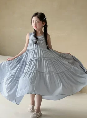 小红鱼女童无袖连衣裙夏装儿童大裙摆背心裙亲子装公主裙女孩裙子