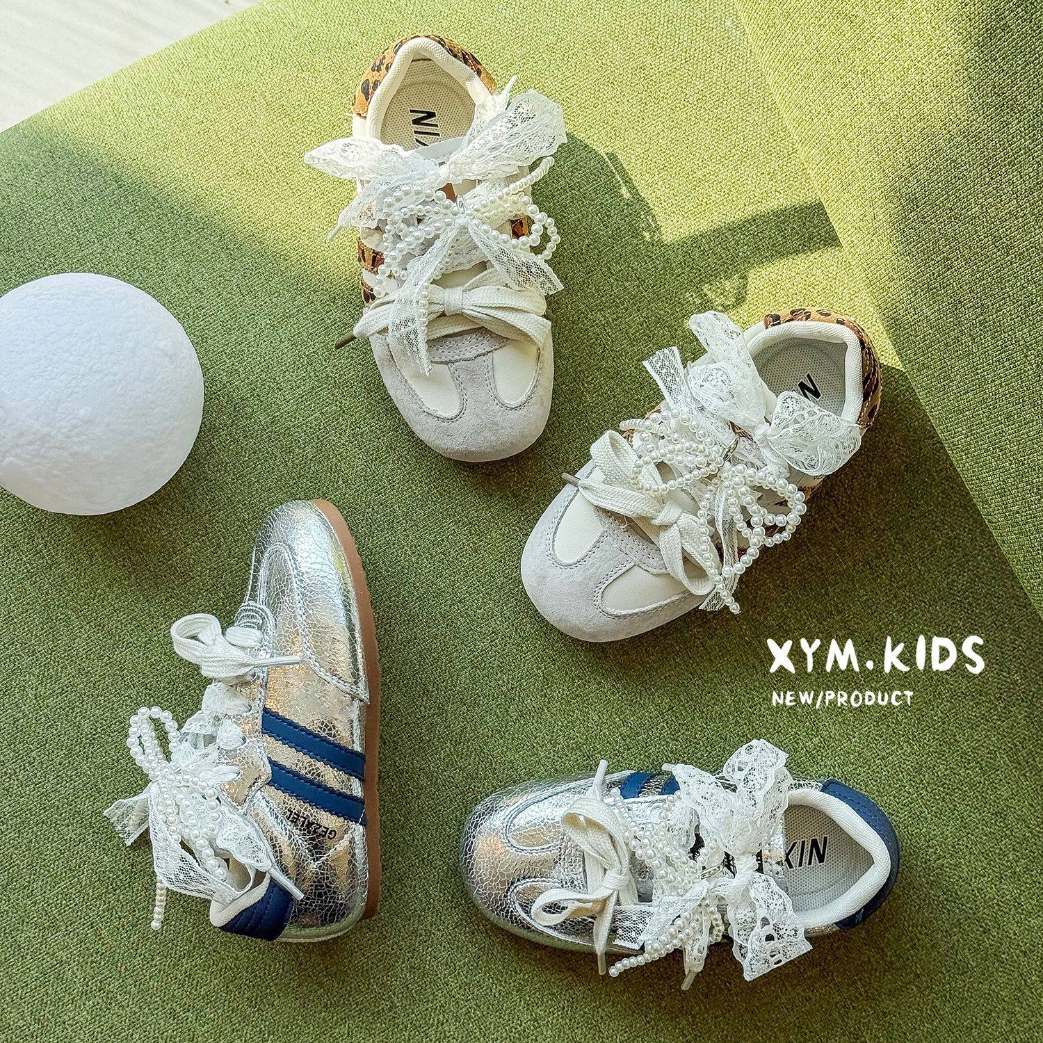 纯真品牌童装 春款儿童鞋子 韩版女童运动鞋蕾丝珍珠蝴蝶结德训鞋