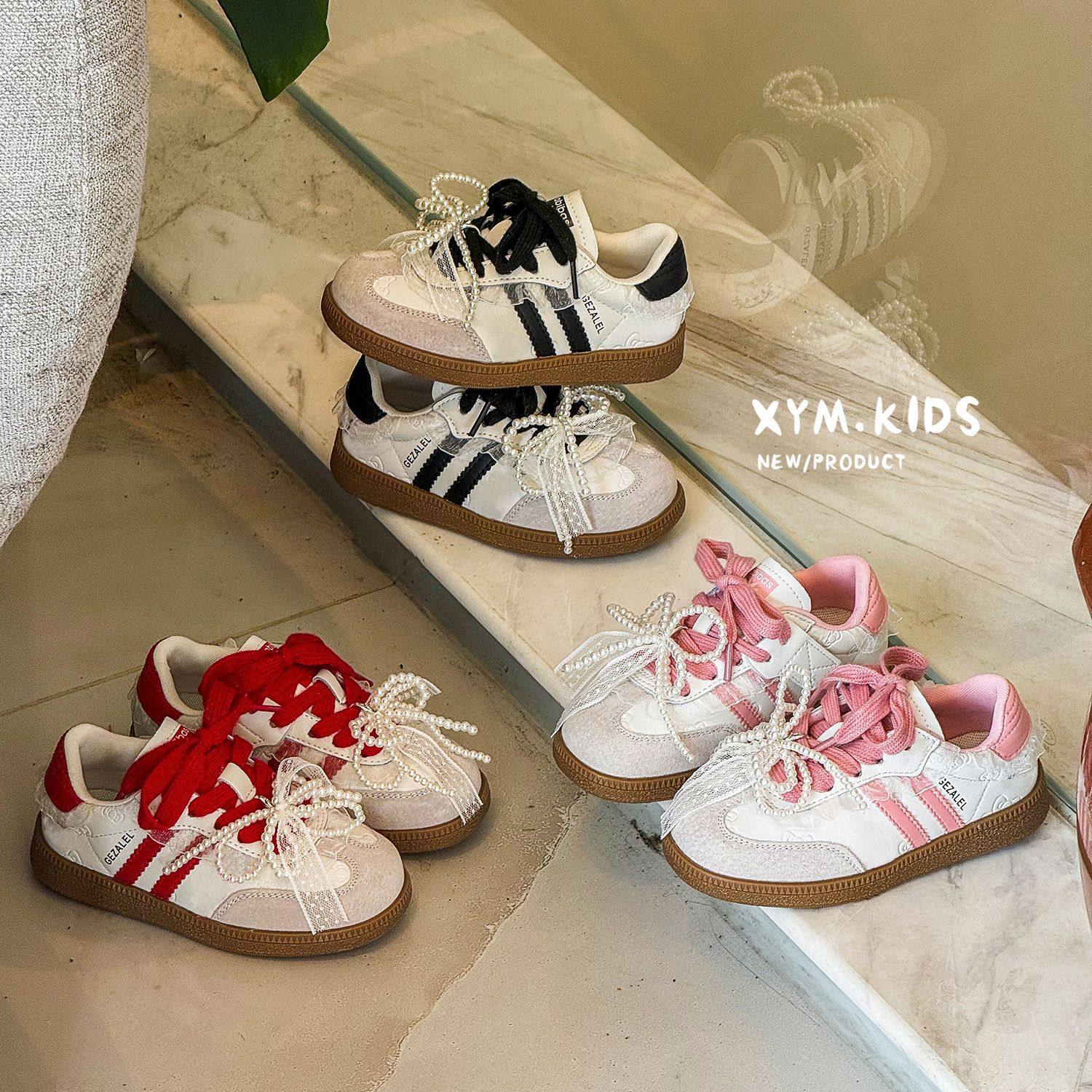 纯真品牌童装 春款儿童鞋子 韩版女童运动鞋撞色珍珠蝴蝶结德训鞋