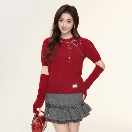 ICYNUDE官方店蝴蝶结钉钻袖套针织上衣设计感时尚毛衣女早春新款