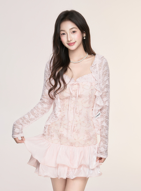 ICYNUDE官方店粉色荷叶边开衫