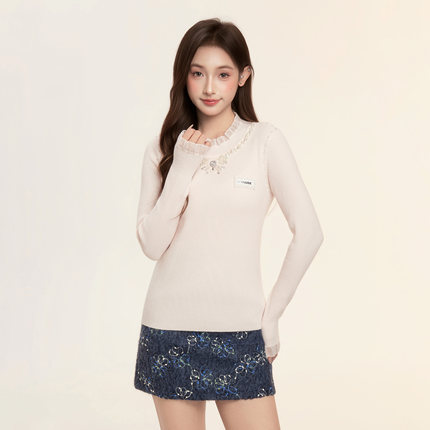 ICYNUDE官方店粉色钉珠修身针织上衣甜美风显瘦长袖打底衫女秋冬