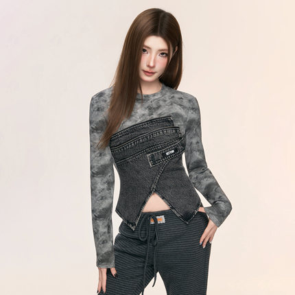 ISTYNI官方店灰色晕染牛仔拼接上衣设计感修身显瘦长袖打底衫女秋