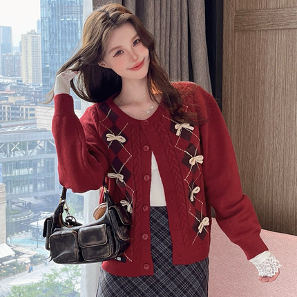 ISTYNI官方店菱格蝴蝶结针织外套开衫女气质毛衣上衣女秋冬新款