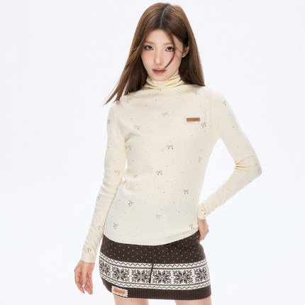 ISTYNI官方店黄色烫钻高领针织上衣修身显瘦甜美内搭长袖打底衫女