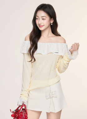 ICYNUDE官方店黄色露肩宽松T恤
