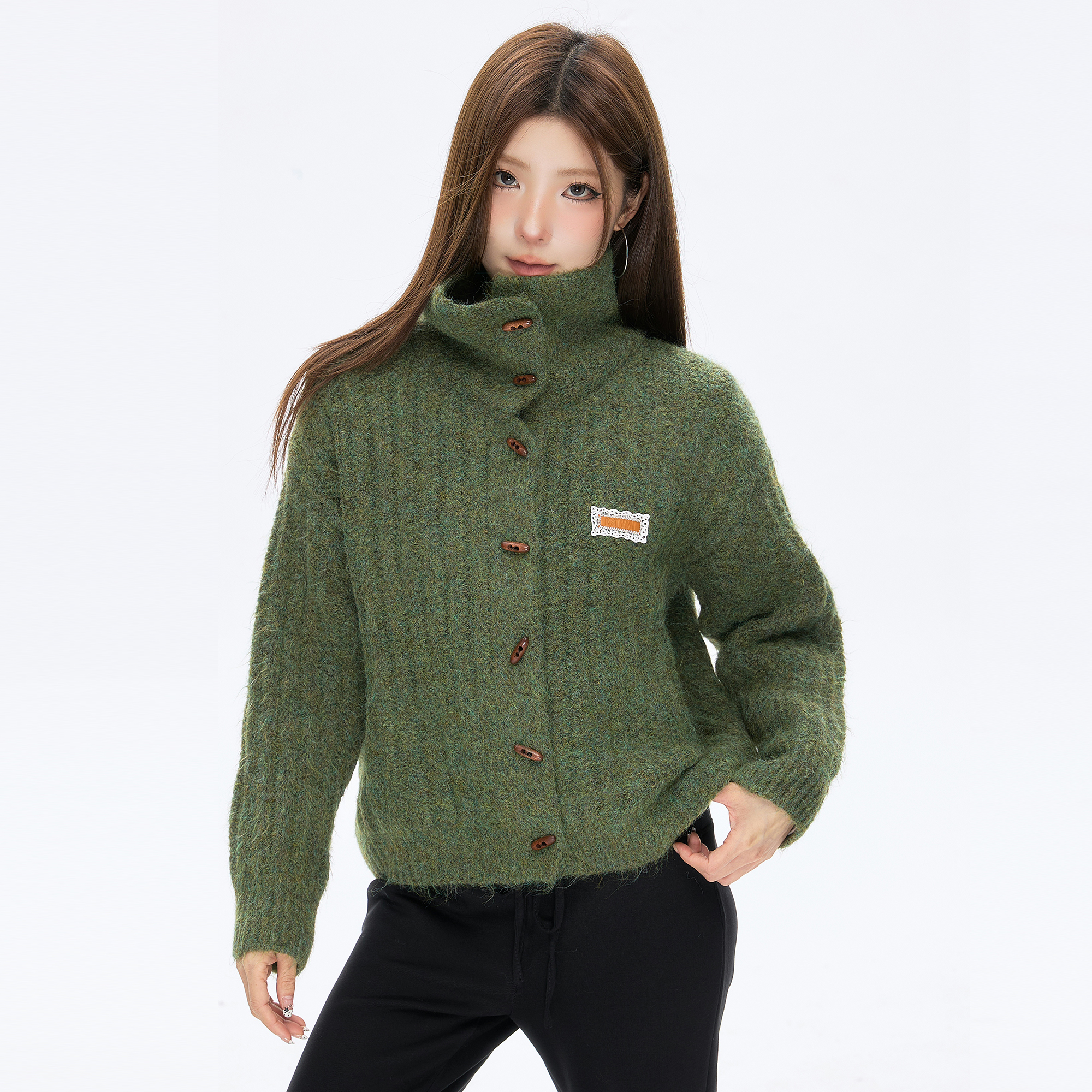 ISTYNI官方店绿色牛角扣立领针织开衫宽松韩版外套上衣女秋冬新款