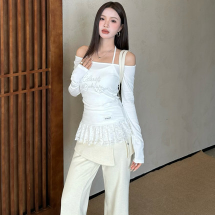 ICYNUDE官方店白色烫钻蕾丝拼接上衣加绒修身显瘦打底衫女秋新款