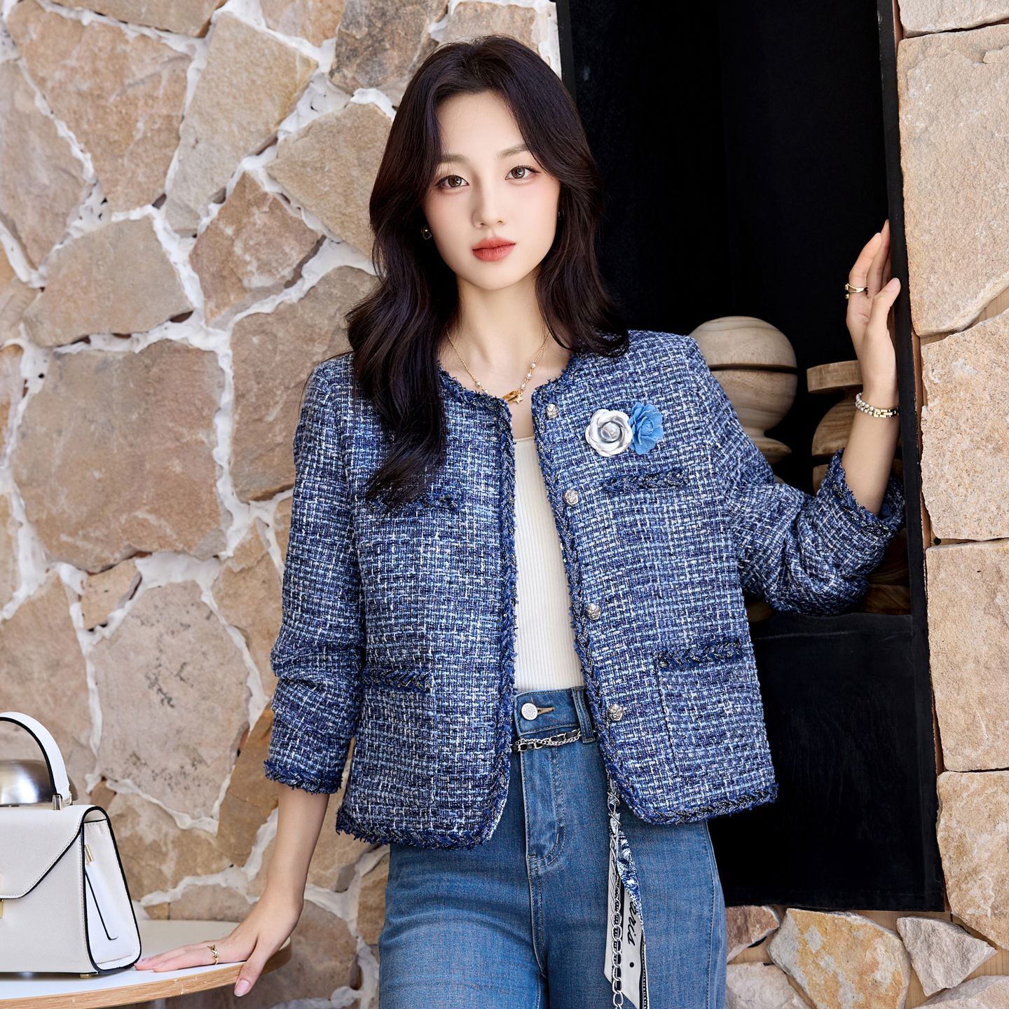 雅美瑞女装美丽衣橱专柜正品2025新款粗花呢气质毛呢外套