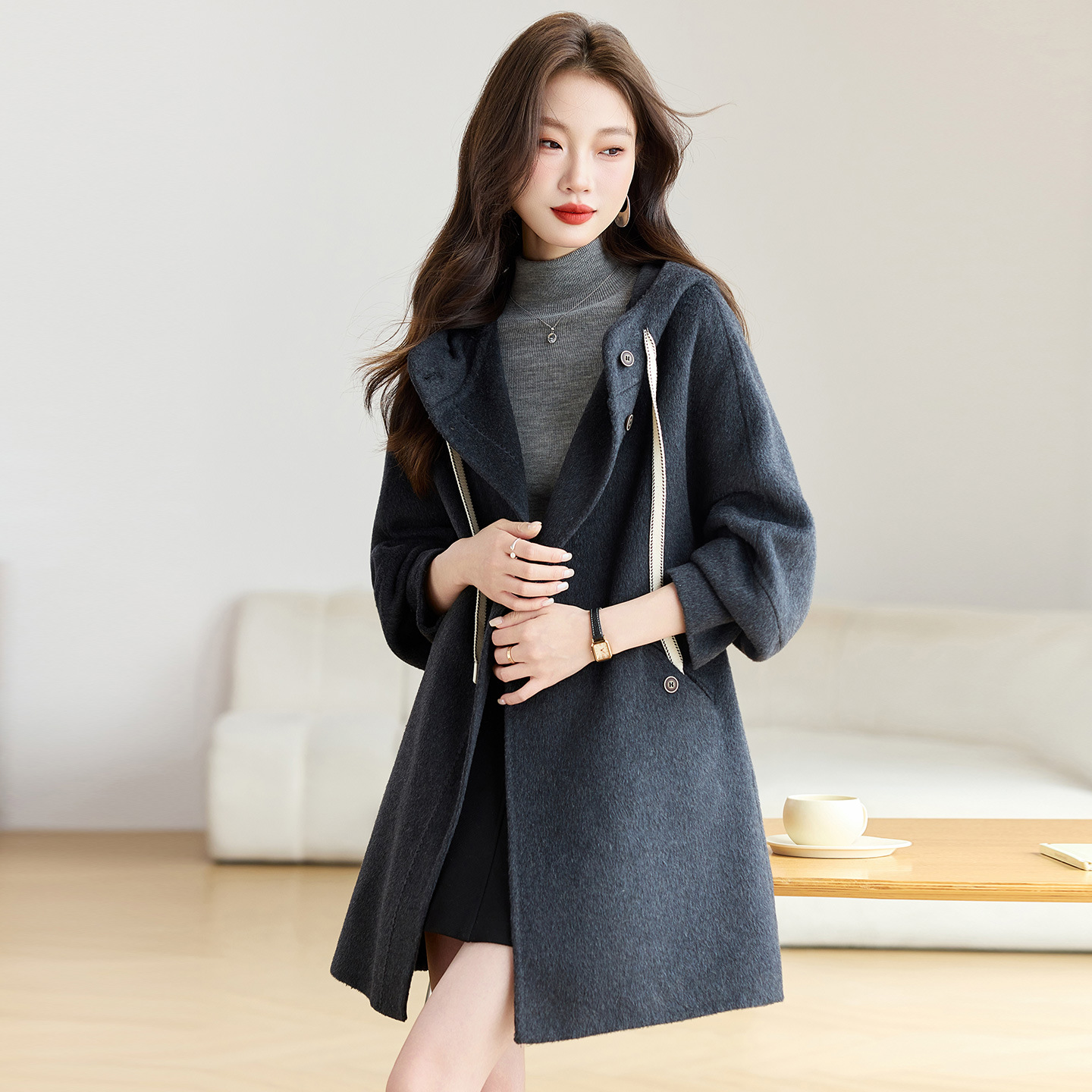 品牌苏昔然彩女装2025新款大码女装时尚连帽气质羊毛大衣