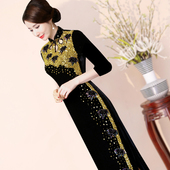 黑色旗袍金丝绒长款 走秀亮片改良婚宴妈妈礼服演出洋气连衣裙高贵