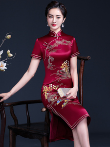 结婚婆婆婚宴装旗袍高贵醋酸优雅喜妈妈婚宴礼服年轻夏装连衣裙女