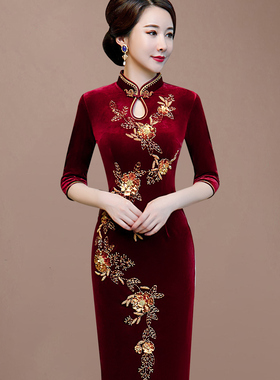 婚礼女结婚改良金丝绒妈妈旗袍婚宴红色新款高级晚礼服高贵婚礼服