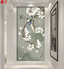 8D新中式手绘工笔花鸟玄关背景墙纸梅花屏风隔断门厅过道壁纸壁画