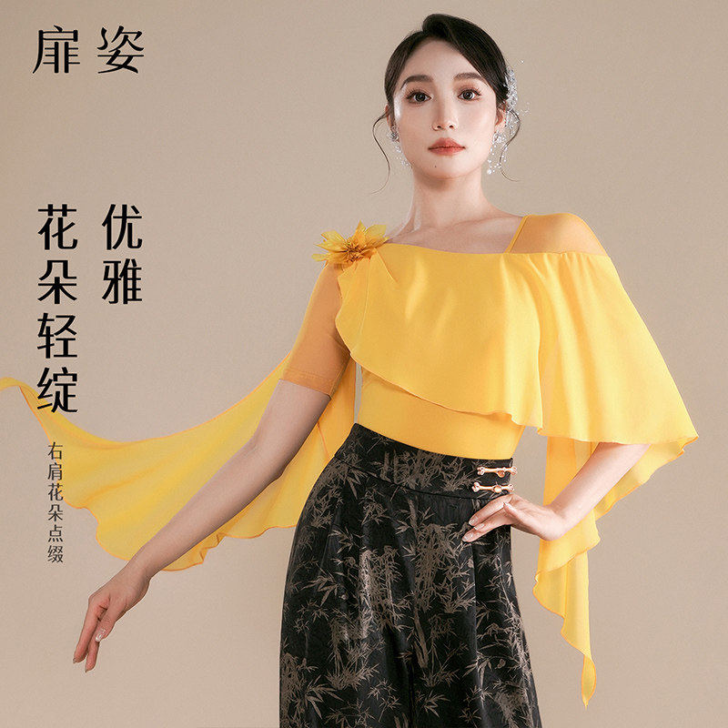 扉姿摩登舞服女新款专业国标练功服春夏短袖飘逸跳舞连体上衣1334