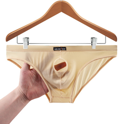 大码男士内裤冰丝男 开裆三角裤分离U凸低腰性感开洞半透明超薄