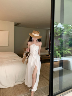 YEXIAOTING叶小婷 诺曼底山谷 撕边抹胸白色连衣裙设计感无袖长裙