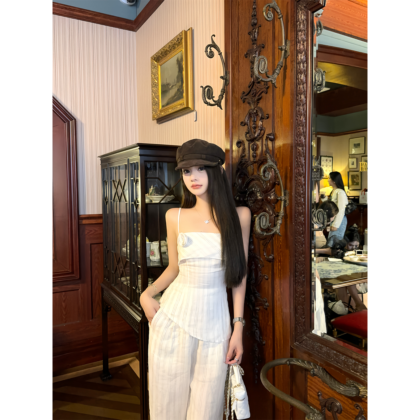 叶小婷条纹吊带休闲长裤套装