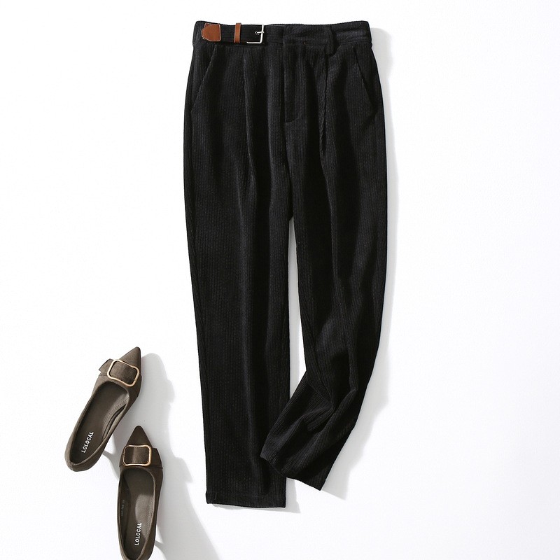 【CC真划算】23045秋装新款复古卷边灯芯绒皮革扣高腰老爹裤女裤