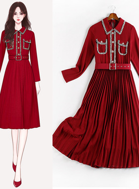 大码女装显瘦洋气时髦秋季新款胖妹妹m红色中长款连衣裙10880