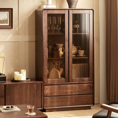 北美黑胡桃全实木玻璃门酒柜