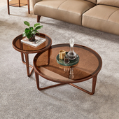 北欧实木茶几玻璃饰面北美黑胡桃木圆形茶台组合客厅设计师咖啡桌