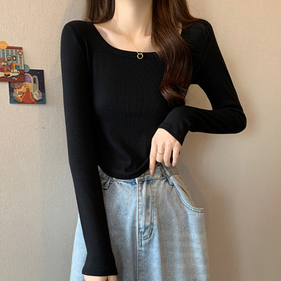 早春不规则正肩长袖黑色t恤女2026修身短款方领色内搭打底0113n