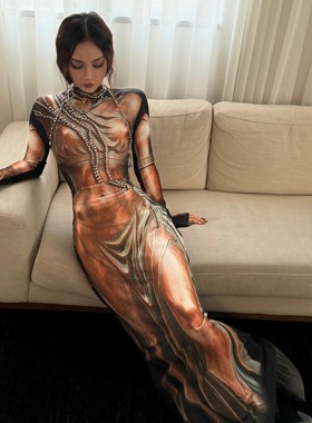 雅典娜mss studio原创印花雕塑感金属感印花长款小众连衣裙