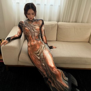 雅典娜mss studio原创印花雕塑感金属感印花长款小众连衣裙