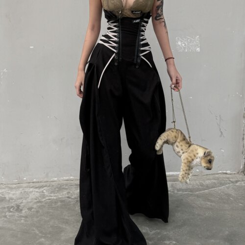 高腰绑带腰封显瘦阔腿裤