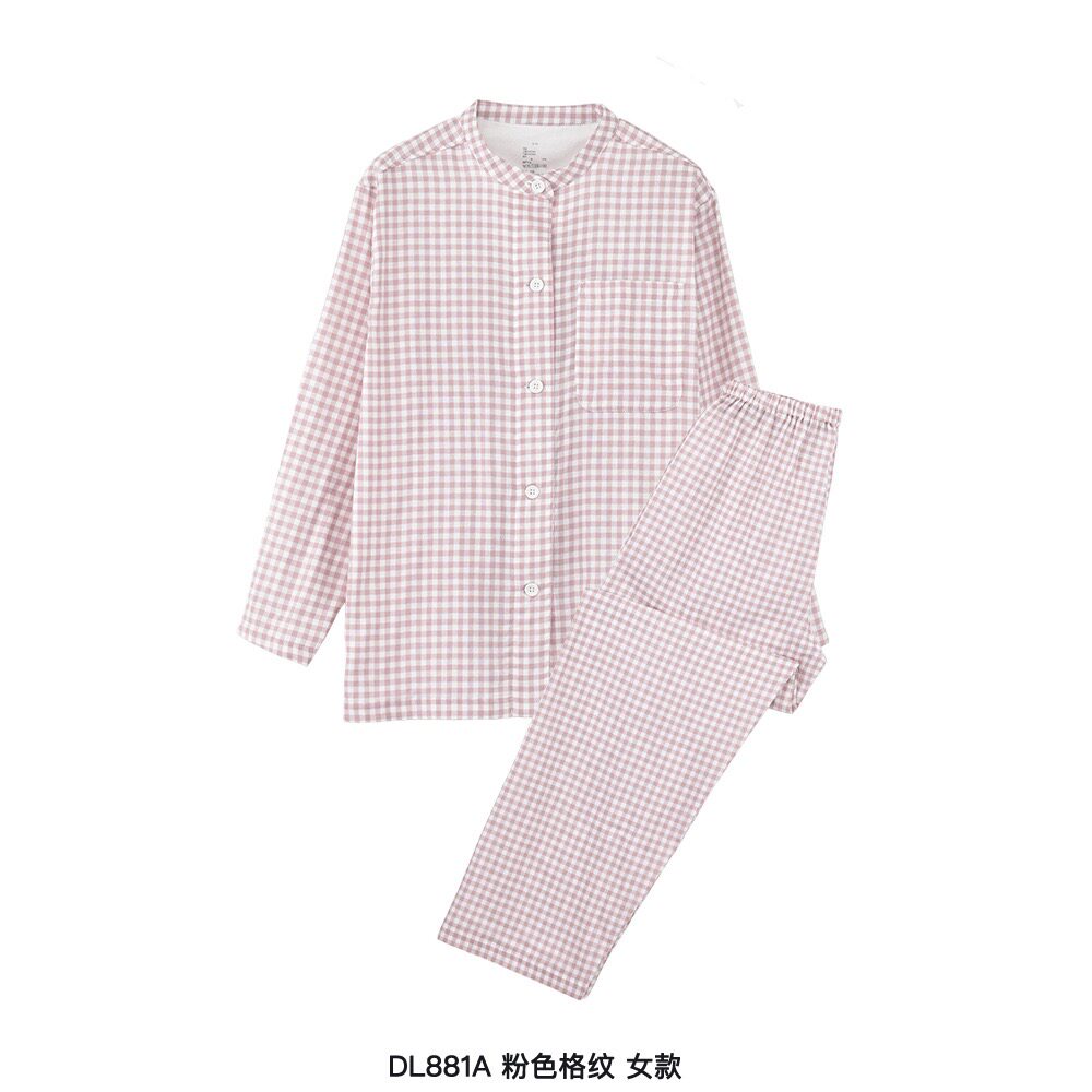 春夏款纯棉立领透气情侣长袖睡衣