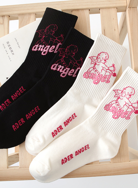 丘比特袜子男女长筒袜ins潮流纯色黑白情侣中筒袜百搭篮球运动袜