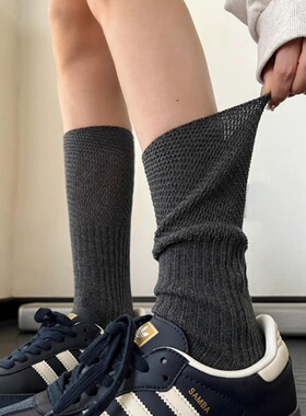 拼接透气袜子女秋季粗线针织颗粒拼纱纯色推推长袜日系百搭小腿袜