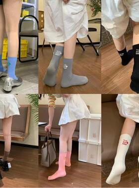 韩版手工刺绣字母爱心针织粗线秋冬纯色可爱甜美日系堆堆女袜