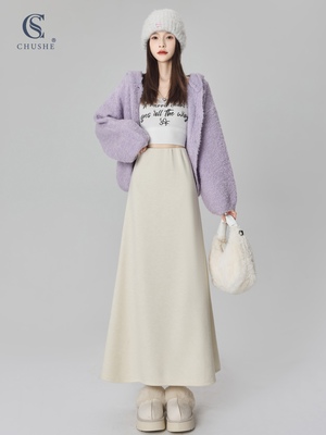 加绒针织半身裙女秋冬季新款高腰显瘦加厚a字伞裙小个子气质长裙