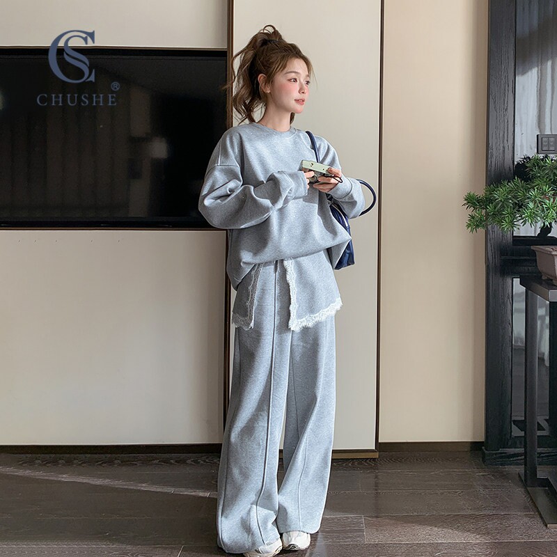 休闲卫衣套装女2026年春季新款花边拼接长袖圆领上衣阔腿裤两件套