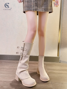 西部靴女秋冬新款 可拆卸两穿加绒加厚高筒靴子覆古粗跟长筒骑士靴