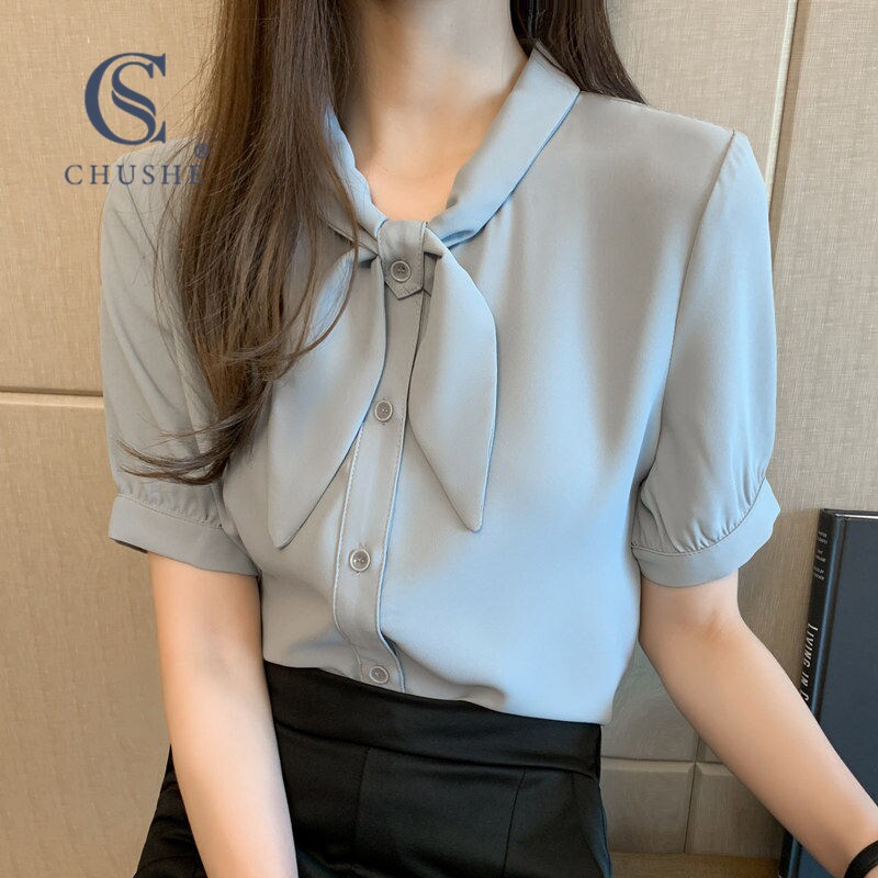 蝴蝶结雪纺衫女2026夏季薄款纯色气质工作服时尚洋气正装短袖衬衣