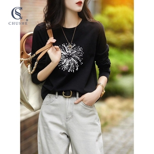 纯棉长袖t恤女装黑色宽松大码2025新款秋冬季爆款显瘦打底衫上衣