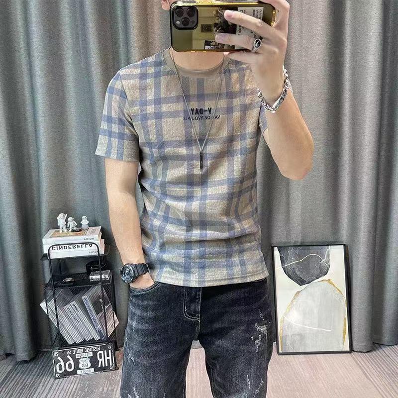 格子短袖t恤男天丝棉麻半