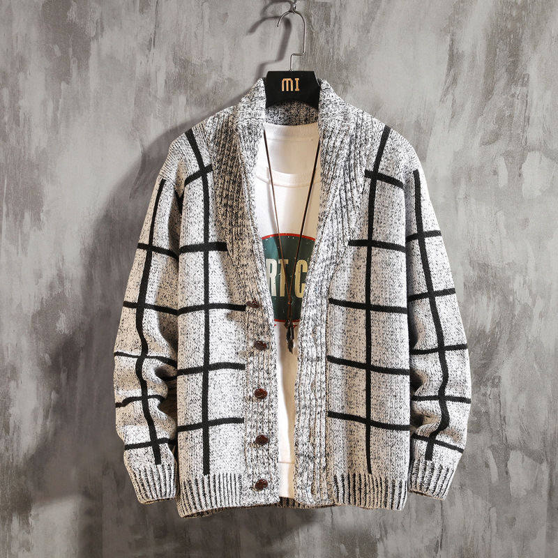 针织衫男开衫外套潮流韩版修身男款格子毛衣春秋季慵懒风线衣帅气