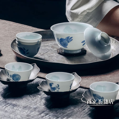 学古青花套装茶具盖碗青花茶杯