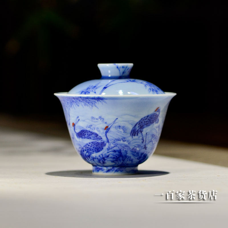 青樵轩 鹤舞竹林盖碗 秀青款 景德镇陶瓷手绘青花泡茶碗功夫茶具