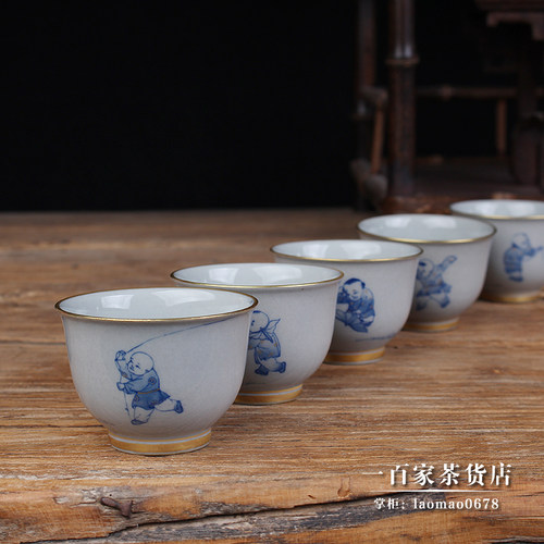 自慢手绘婴戏望月杯茶具青花茶杯