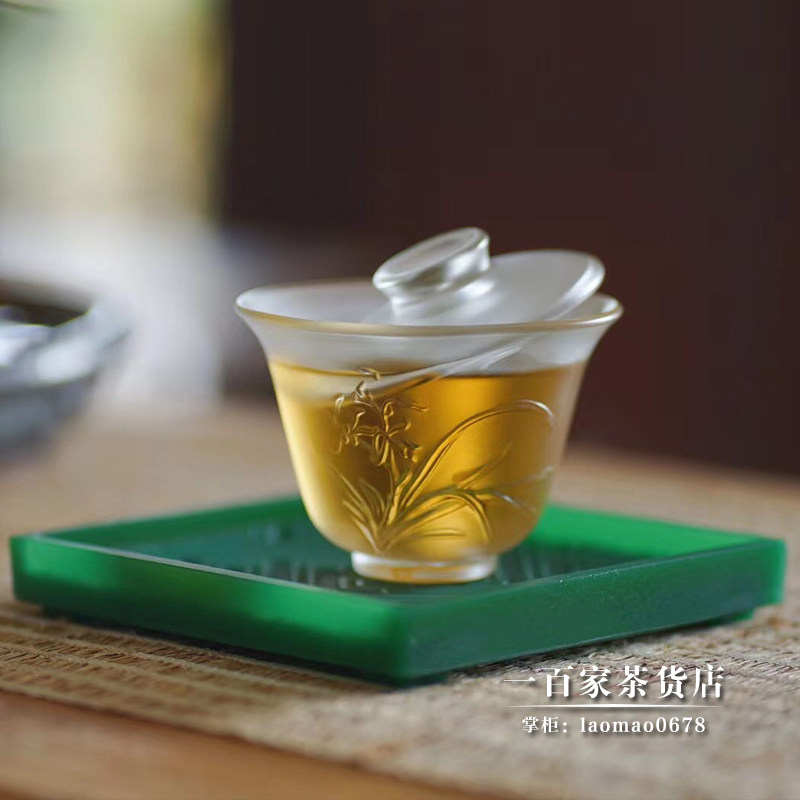 梁明毓原创设计琉璃盖碗古法脱蜡透明简约兰花/竹/素茶杯功夫茶具