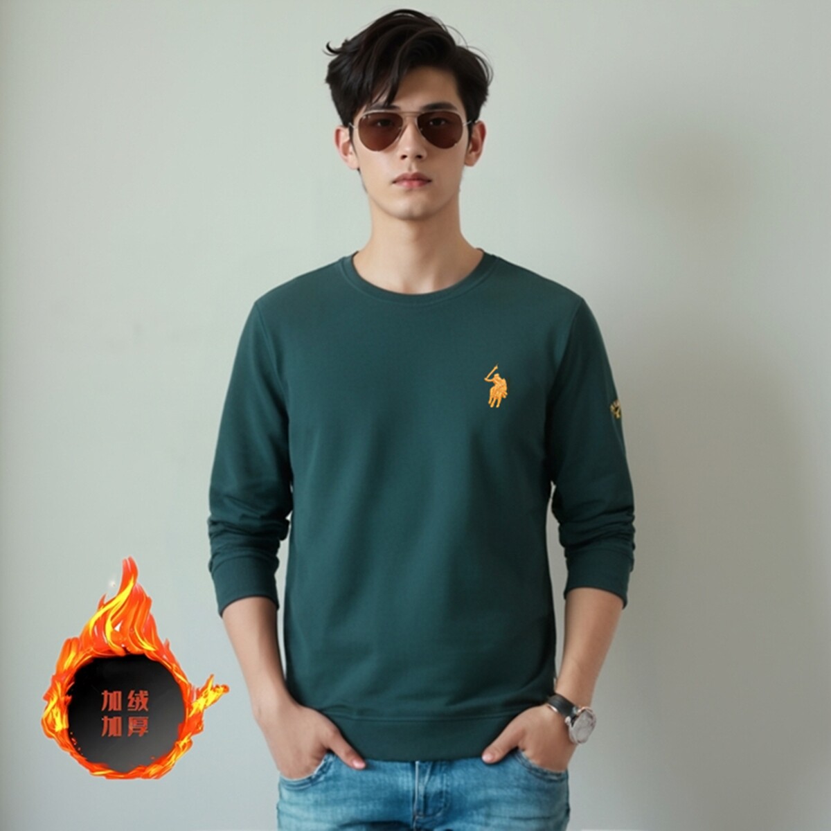 保罗加绒小马标男士商务休闲圆领长袖上衣中青年秋冬装套头卫衣