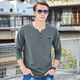 打底衫 大码 休闲长袖 吉普jeep春秋高档舒适t恤男百搭宽松V领美式