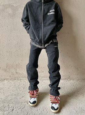 Askyurself 22ss水洗做旧复古破坏裤脚按扣抽绳高街微喇卫裤长裤