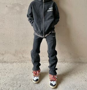 Askyurself 22ss水洗做旧复古破坏裤脚按扣抽绳高街微喇卫裤长裤